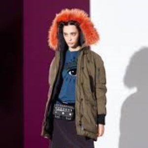 KENZO army green coat with orange fur trim